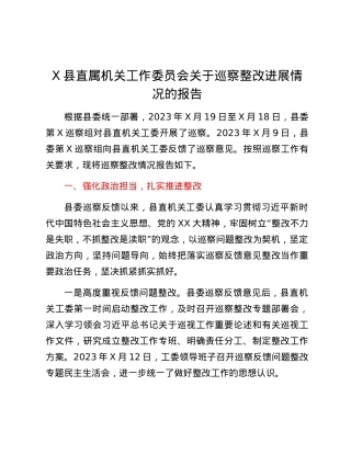 X县直属机关工作委员会关于巡察整改进展情况的报告.docx