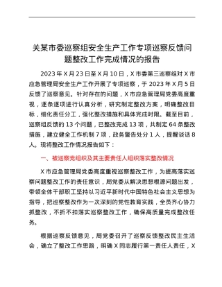 关某市委巡察组安全生产工作专项巡察反馈问题整改工作完成情况的报告.docx