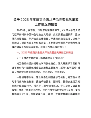 关于2023年度落实全面从严治党暨党风廉政工作情况的报告.docx