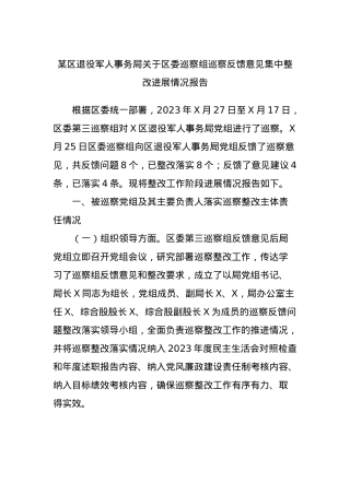 某区退役军人事务局关于区委巡察组巡察反馈意见集中整改进展情况报告.docx