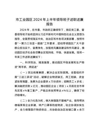 市工业园区2024年上半年领导班子述职述廉报告.docx