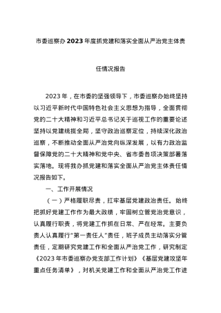 市委巡察办2023年度抓党建和落实全面从严治党主体责任情况报告.docx