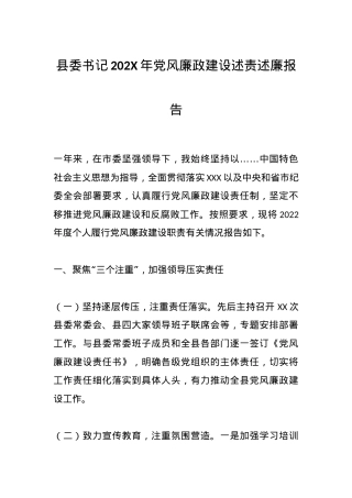 县委书记202X年党风廉政建设述责述廉报告.docx