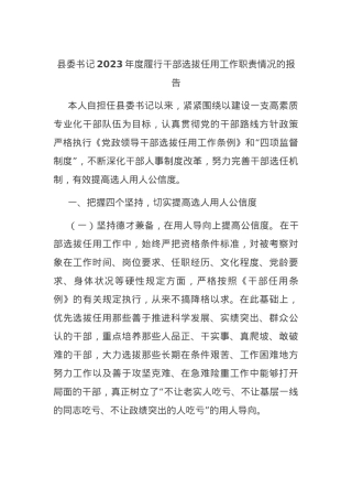 县委书记2023年度履行干部选拔任用工作职责情况的报告.docx
