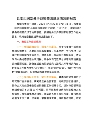 县委组织部关于巡察整改进展情况的报告.docx