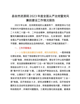 县自然资源局2023年度全面从严治党暨党风廉政建设工作情况报告.docx