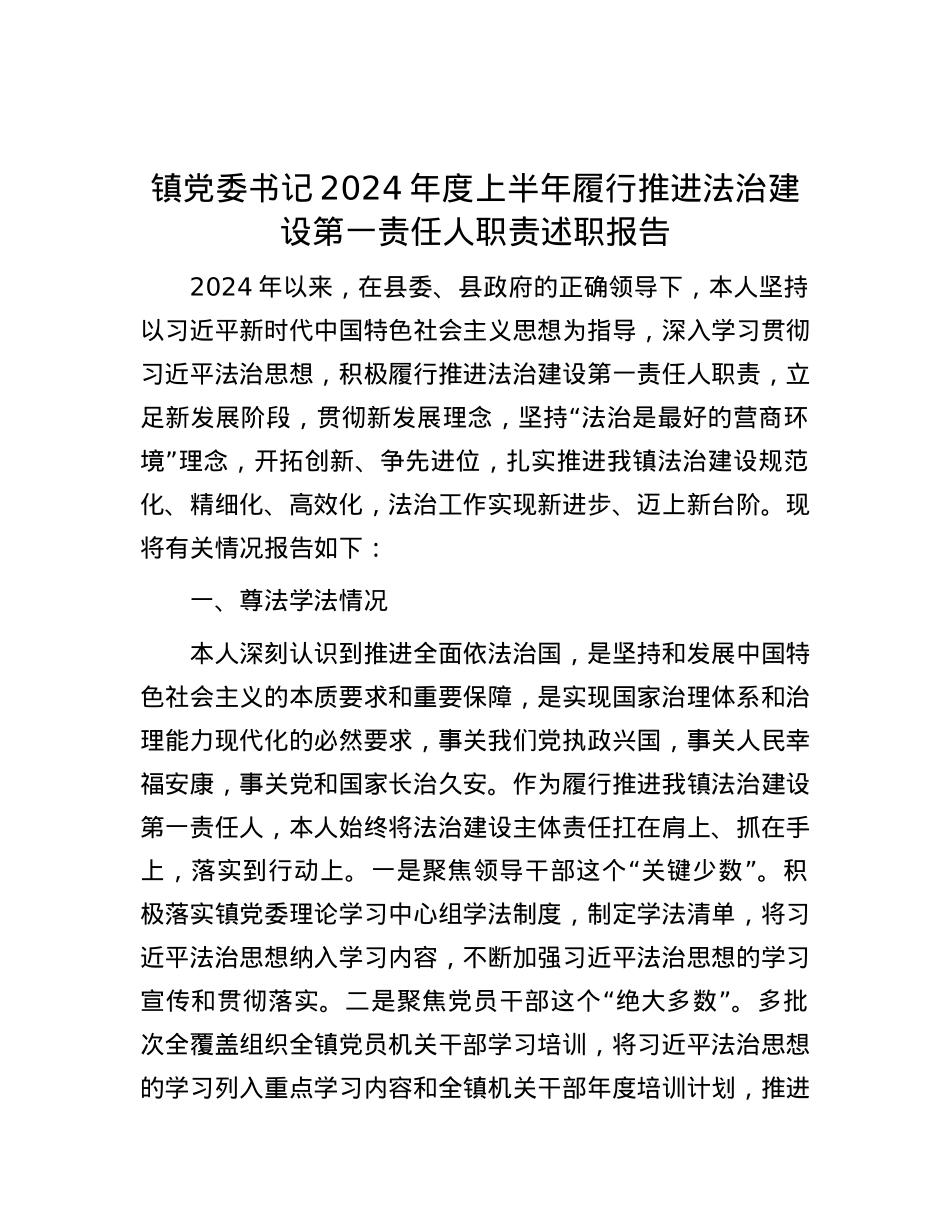 镇党委书记2024年度上半年履行推进法治建设第一责任人职责述职报告.docx_第1页