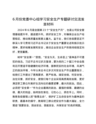 6月份党委中心组学习安全生产专题研讨交流发言材料.docx