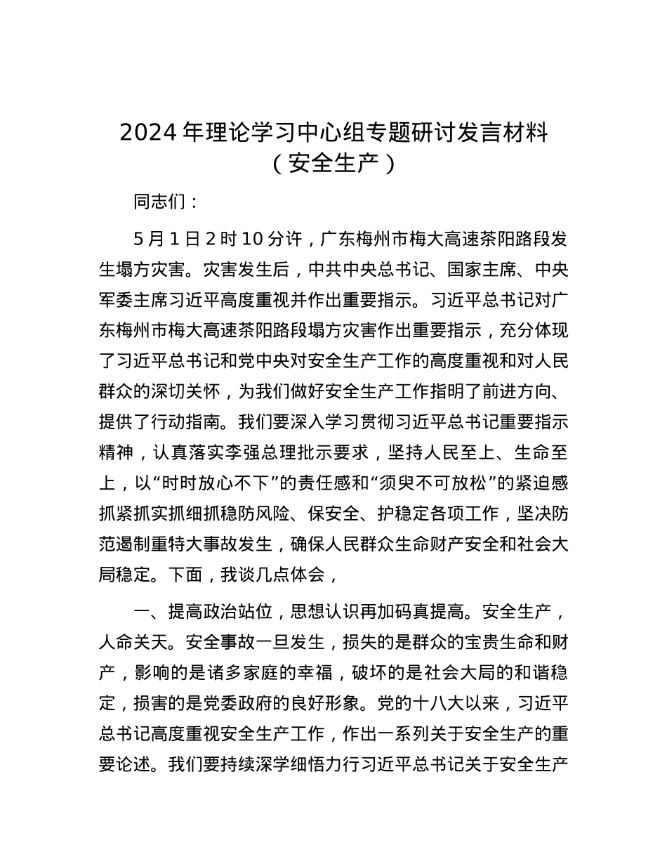 2024年理论学习中心组专题研讨发言材料（安全生产）.docx_第1页