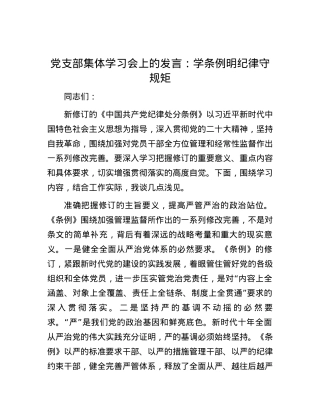 党支部集体学习会上的发言：学条例 明纪律 守规矩.docx