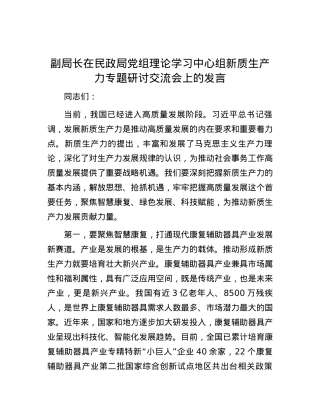 副局长在民政局党组理论学习中心组新质生产力专题研讨交流会上的发言.docx
