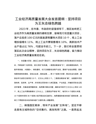 工业经济高质量发展大会发言提纲：坚持项目为王 矢志绿色跨越.docx