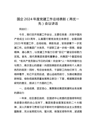 国企2024年度党建工作总结表彰（两优一先）会议讲话.docx