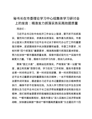 秘书长在市委理论学习中心组集体学习研讨会上的发言：精准发力抓落实 务实高效提质量.docx