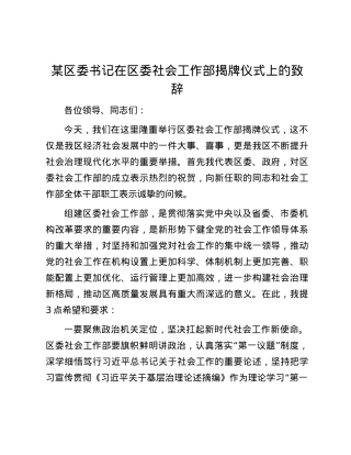 某区委书记在区委社会工作部揭牌仪式上的致辞.docx