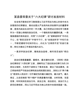某县委常委关于六大纪律研讨发言材料.docx
