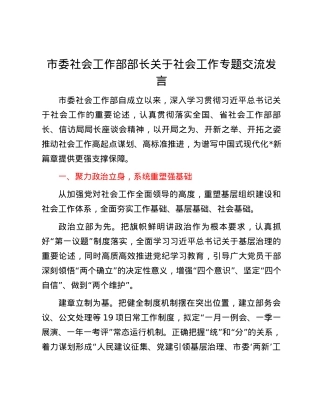 市委社会工作部部长关于社会工作专题交流发言.docx
