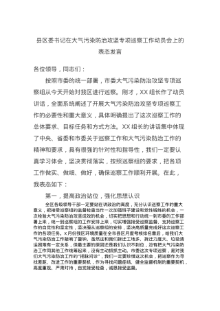 县区委书记在大气污染防治攻坚专项巡察工作动员会上的表态发言.docx