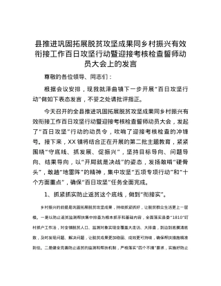 县推进巩固拓展脱贫攻坚成果同乡村振兴有效衔接工作百日攻坚行动暨迎接考核检查誓师动员大会上的发言.docx