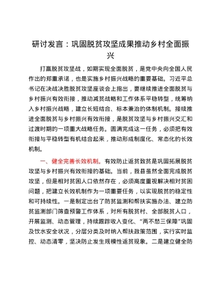 研讨发言：巩固脱贫攻坚成果  推动乡村全面振兴.docx