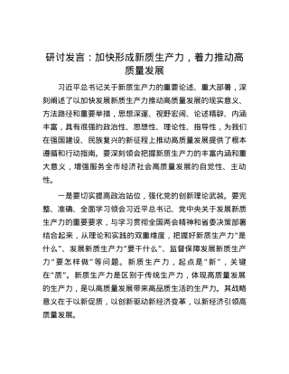 研讨发言：加快形成新质生产力，着力推动高质量发展.docx
