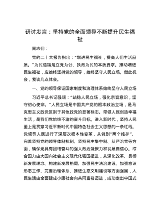 研讨发言：坚持党的全面领导 不断提升民生福祉.docx
