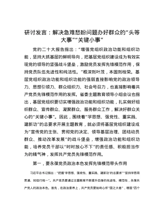 研讨发言：解决急难愁盼问题 办好群众的“头等大事”“关键小事”.docx