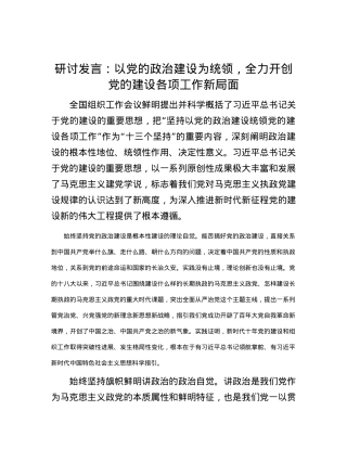 研讨发言：以党的政治建设为统领，全力开创党的建设各项工作新局面.docx