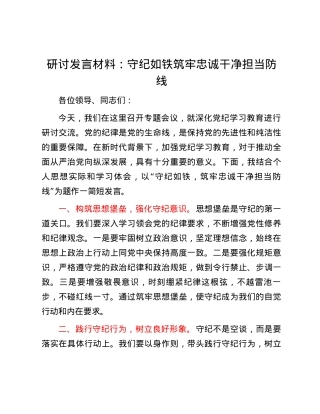 研讨发言材料：守纪如铁筑牢忠诚干净担当防线.docx