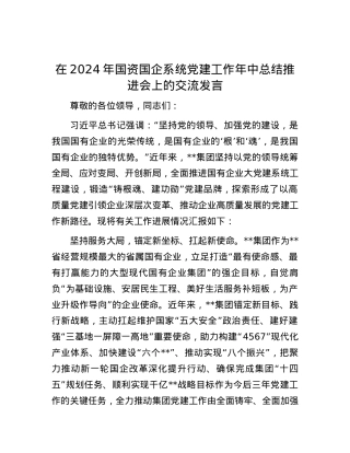 在2024年国资国企系统党建工作年中总结推进会上的交流发言.docx