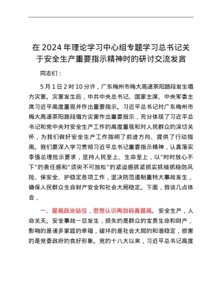 在2024年理论学习中心组专题学习总书记关于安全生产重要指示精神时的研讨交流发言.docx