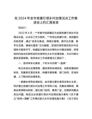 在2024年全市党建引领乡村治理试点工作推进会上的汇报发言.docx