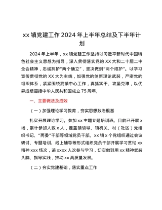 xx镇党建工作2024年上半年总结及下半年计划.docx