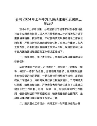 公司2024年上半年党风廉政建设和反腐败工作总结.docx