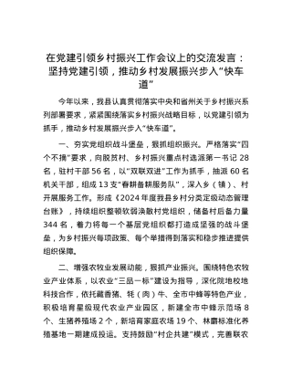 在党建引领乡村振兴工作会议上的交流发言：坚持党建引领，推动乡村发展振兴步入“快车道”.docx