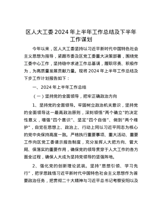 区人大工委2024年上半年工作总结及下半年工作谋划.docx