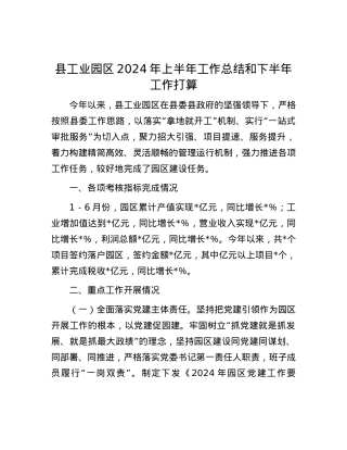 县工业园区2024年上半年工作总结和下半年工作打算.docx