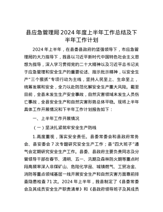 县应急管理局2024年度上半年工作总结及下半年工作计划.docx