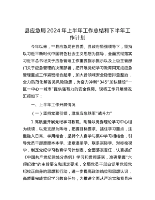 县应急局2024年上半年工作总结和下半年工作计划.docx