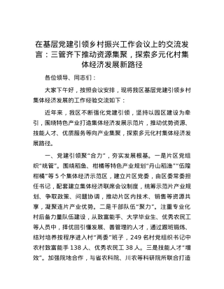 在基层党建引领乡村振兴工作会议上的交流发言：三管齐下推动资源集聚，探索多元化村集体经济发展新路径.docx