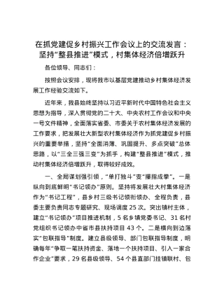 在抓党建促乡村振兴工作会议上的交流发言：坚持“整县推进”模式，村集体经济倍增跃升.docx