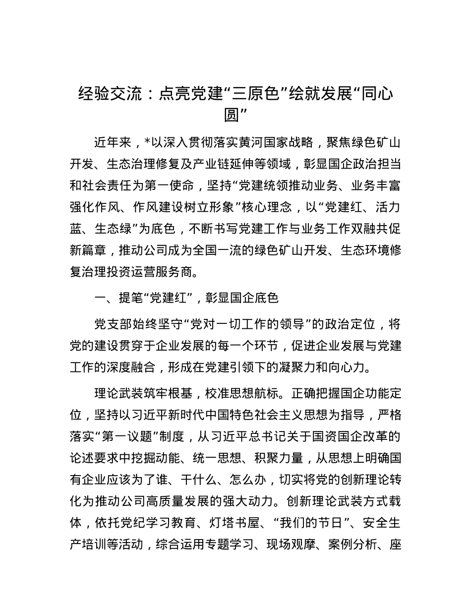 经验交流：点亮党建“三原色” 绘就发展“同心圆”.docx_第1页