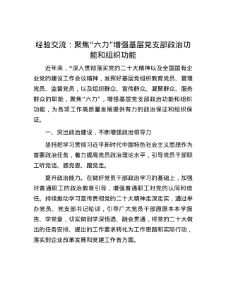 经验交流：聚焦“六力” 增强基层党支部政治功能和组织功能.docx