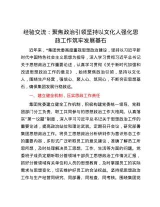 经验交流：聚焦政治引领 坚持以文化人 强化思政工作筑牢发展基石.docx
