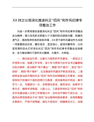 XX持之以恒深化推进纠正“四风”和 作风纪律专项整治工作.docx