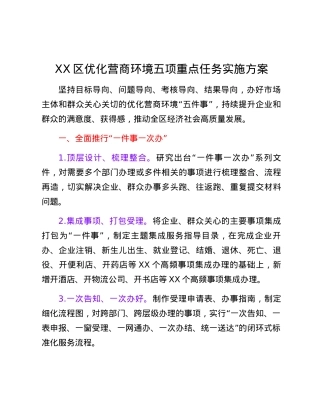 XX区优化营商环境五项重点任务实施方案.docx
