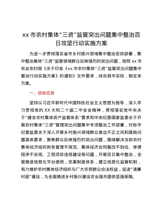 xx市农村集体“三资”监管突出问题集中整治百日攻坚行动实施方案.docx
