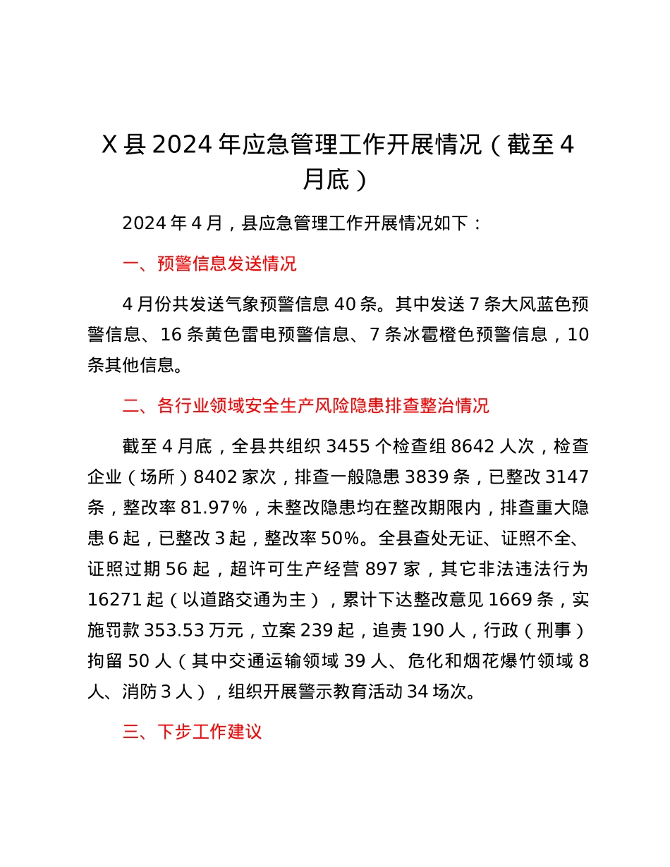 X县2024年应急管理工作开展情况（截至4月底）.docx_第1页