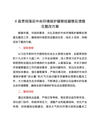X县贯彻落实中央环境保护督察组督察反馈意见整改方案.docx