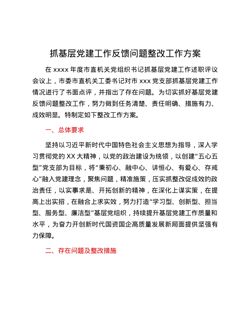 抓基层党建工作反馈问题整改工作方案.docx_第1页